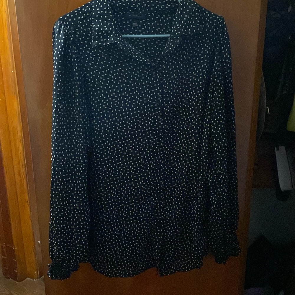 Black formal dress shirt with white polkadots